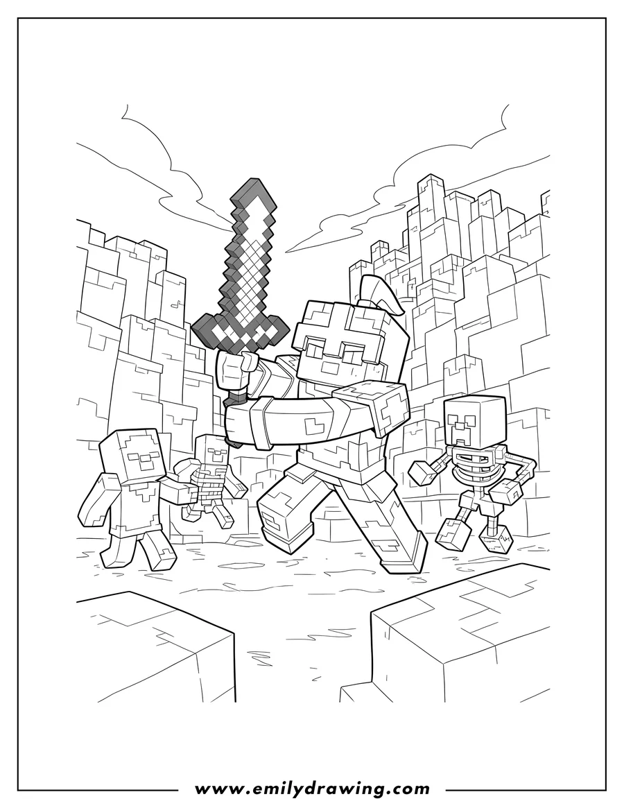 Doodle style coloring picture of detailed Minecraft Dungeons, blocky characters battling with swords