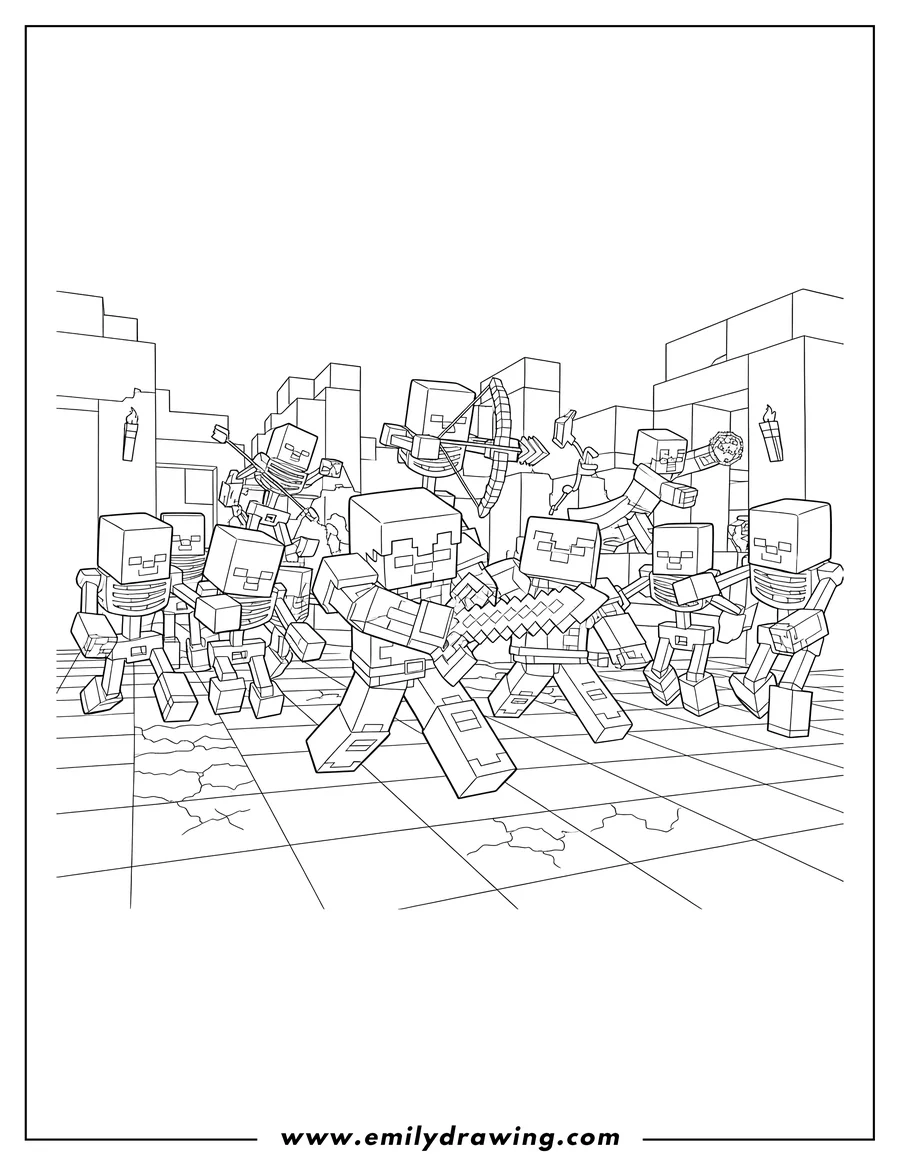 High quality printable detailed Minecraft Dungeons heroes battling a large mob of skeletons and zombies for coloring