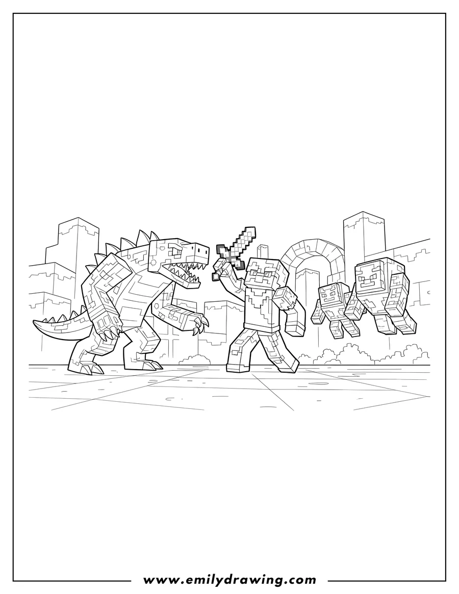 Printable coloring page of minecraft Dungeons Scaled enemies and a player character battling