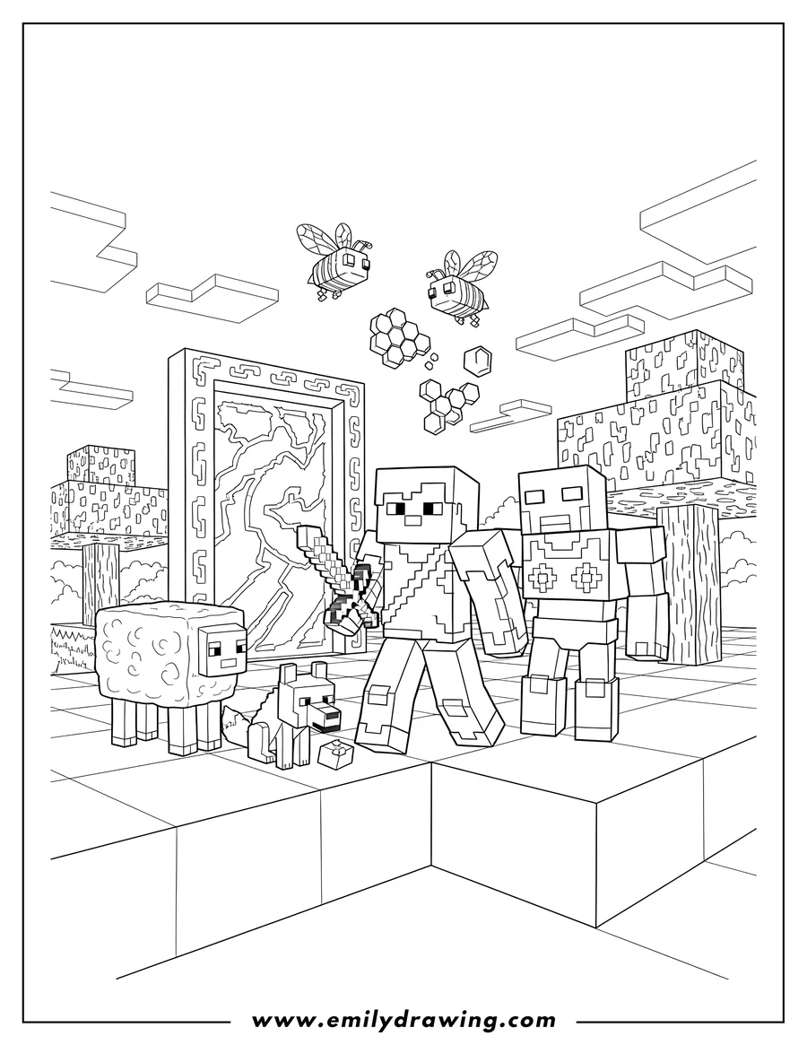 Linear illustration of detailed Minecraft scene with flying Bees, a Sheep, a Minecraft player, an Iron Golem, a Tamed Wolf, and a Nether Portal