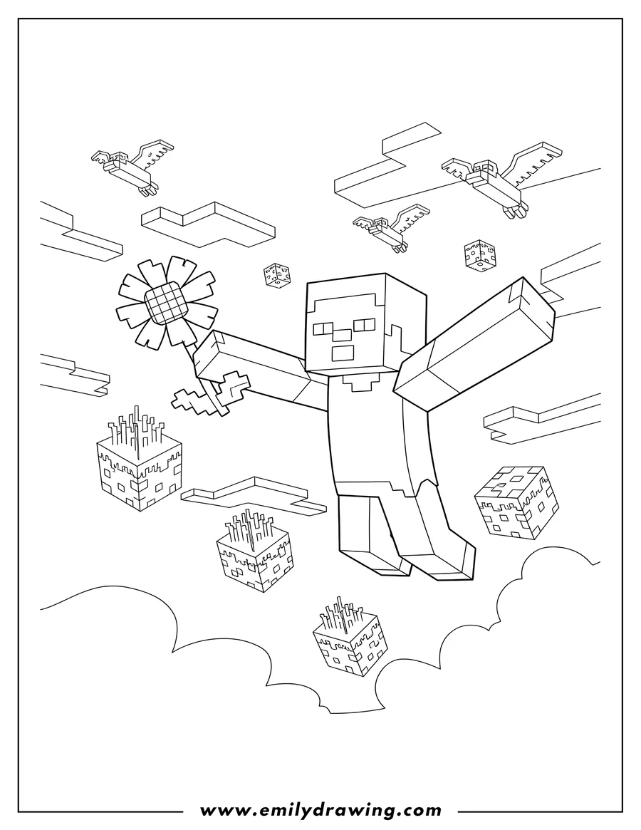 Downloadable coloring page of detailed Minecraft Steve Flying and Holding a Flower