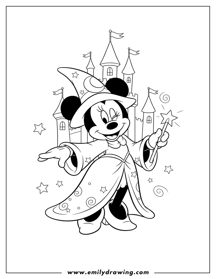 Simple sketch of minnie Mouse as a sorceress, curtsying in front of a castle to color