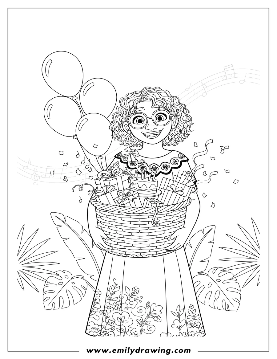 Printable line art of mirabel Madrigal smiling, carrying an overflowing basket of party supplies
