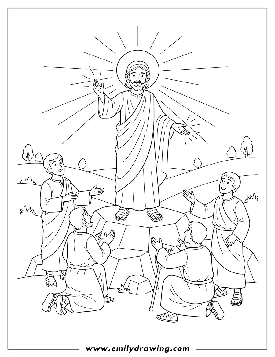 Doodle style coloring picture of miracles Jesus Scaled, with a halo and light rays, blessing and surrounded by men