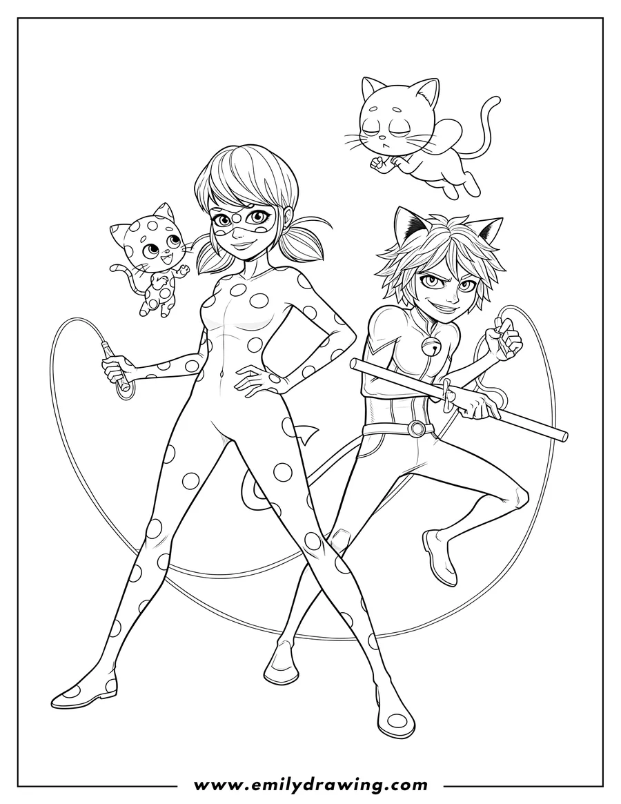Linear illustration of detailed Miraculous Ladybug And Cat Noir posing together with their kwamis