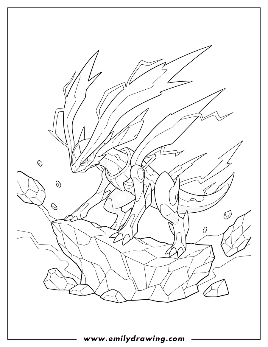 Free to print drawing of miraidon Paradox Legendary Pokemon crouching on a rock with lightning-like crests