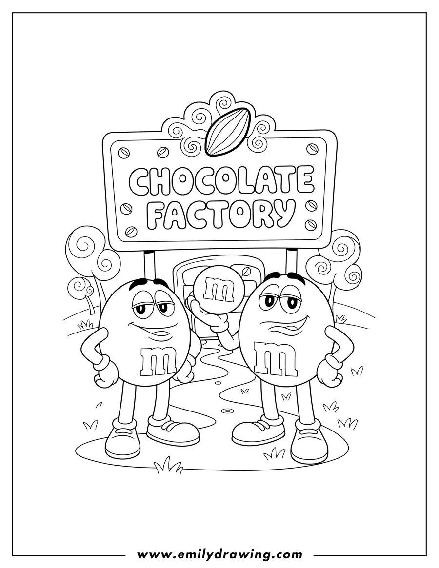 Coloring sheet featuring mm Yellow And Red standing in front of a chocolate store sign, with Yellow holding an M&M candy