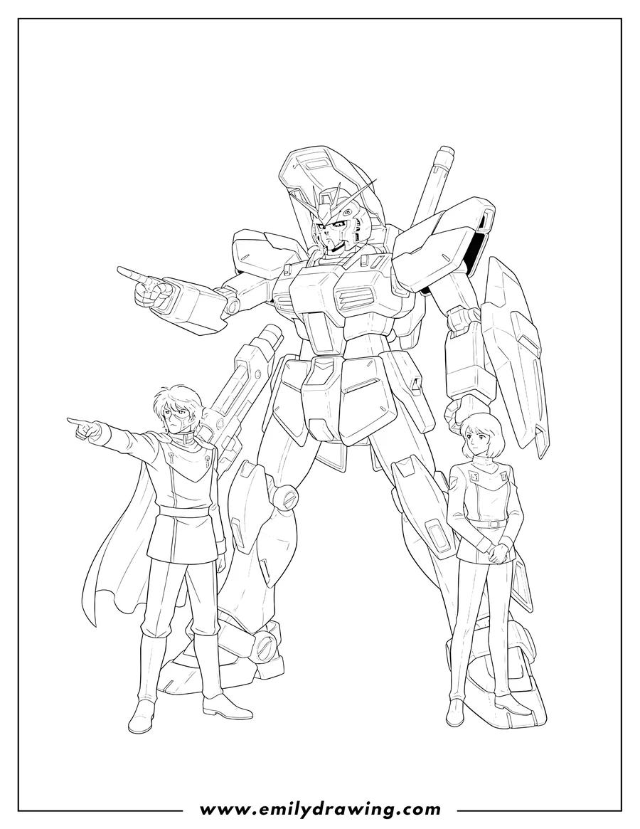 High quality printable mobile Suit Gundam with Kamille Bidan at the controls, Char Aznable pointing, and Sayla Mass standing for coloring