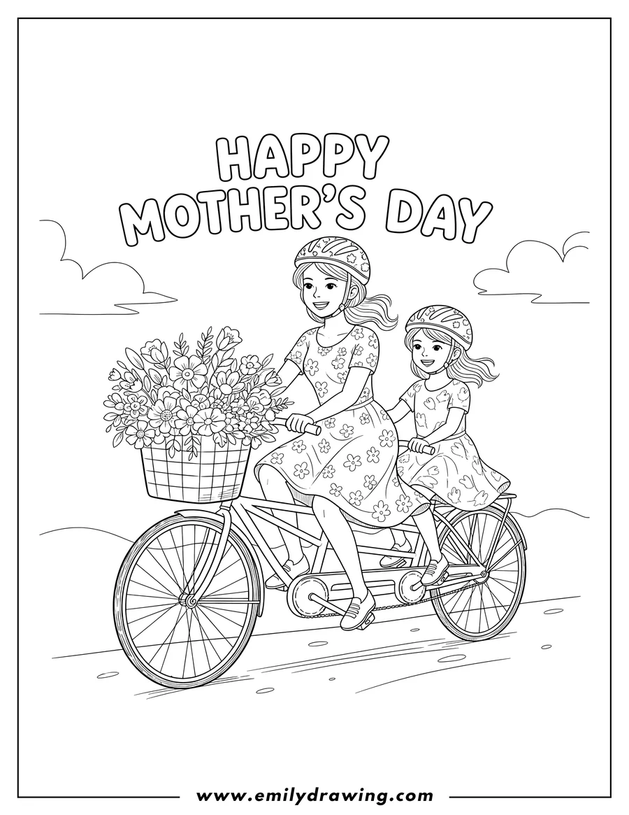 Printable line art of mom and daughter riding a tandem bike with a flower basket and Happy Mother's Day text above