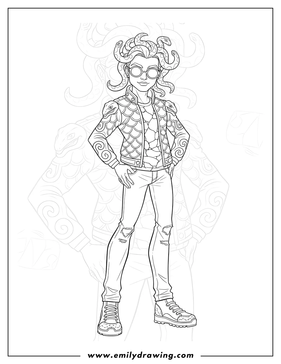 Simple sketch of monster High Deuce Gorgon Doll posing in a scaled jacket with snake details to color