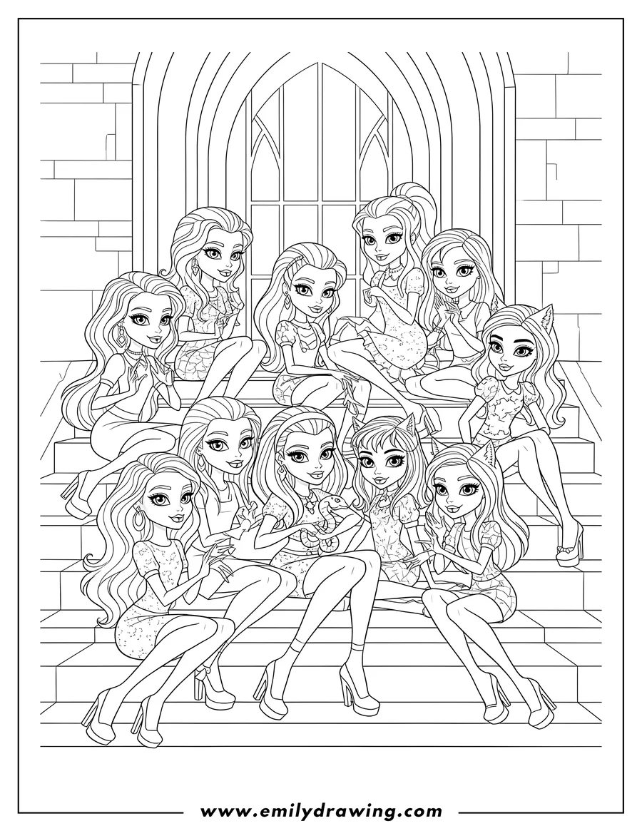 High quality printable detailed Monster High Poster of characters sitting on steps together, smiling for coloring