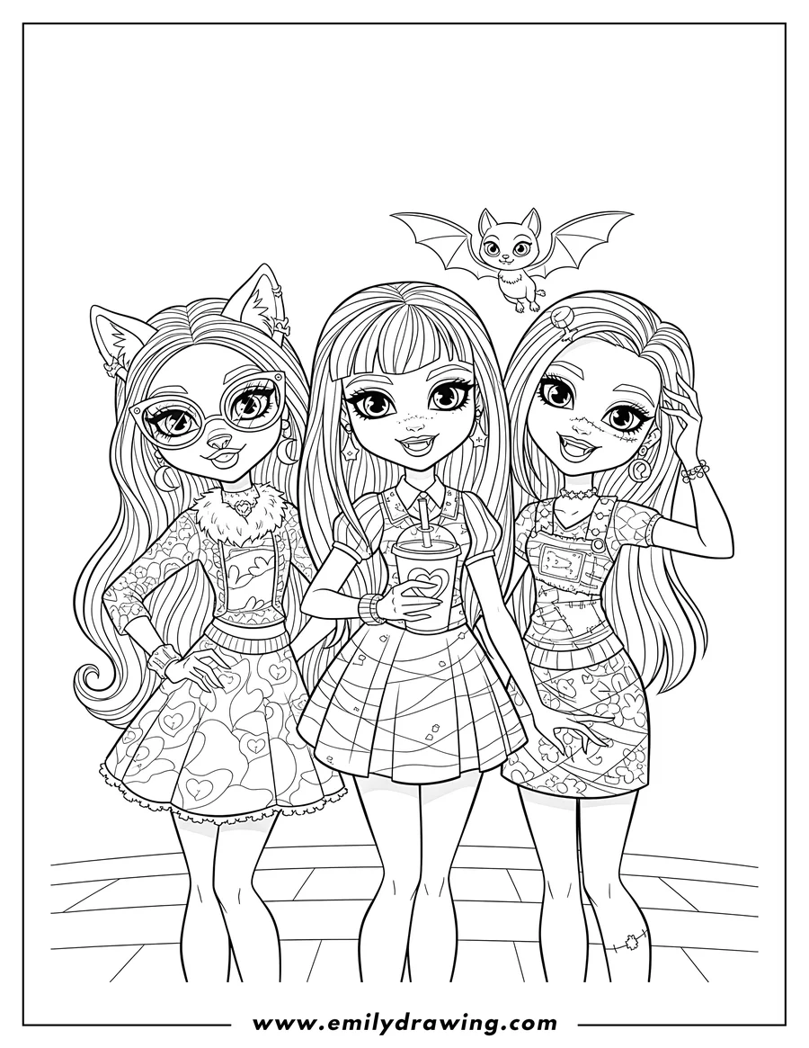 Coloring sheet featuring detailed Monster High Draculaura holding a drink with her bat, Frankie Stein smiling and touching her hair, and Clawdeen Wolf wearing glasses