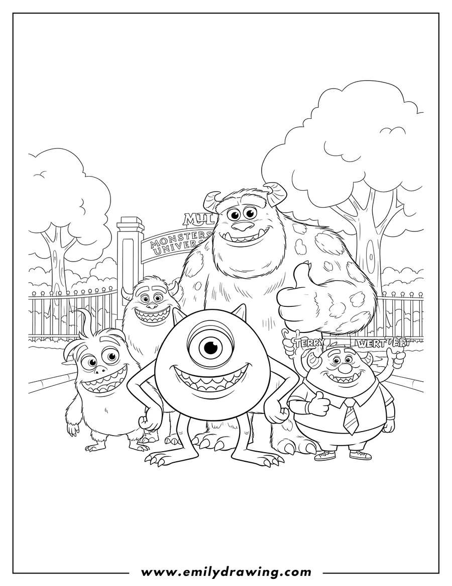 Simple sketch of monsters University Scaled, Mike, Sulley, and friends smiling and posing to color