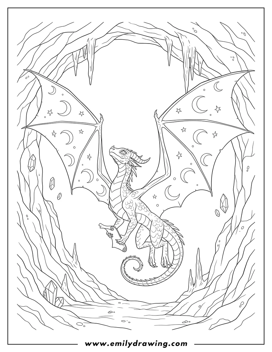 Black and white line art of wings Fire Moonwatcher gliding in a cave, looking up