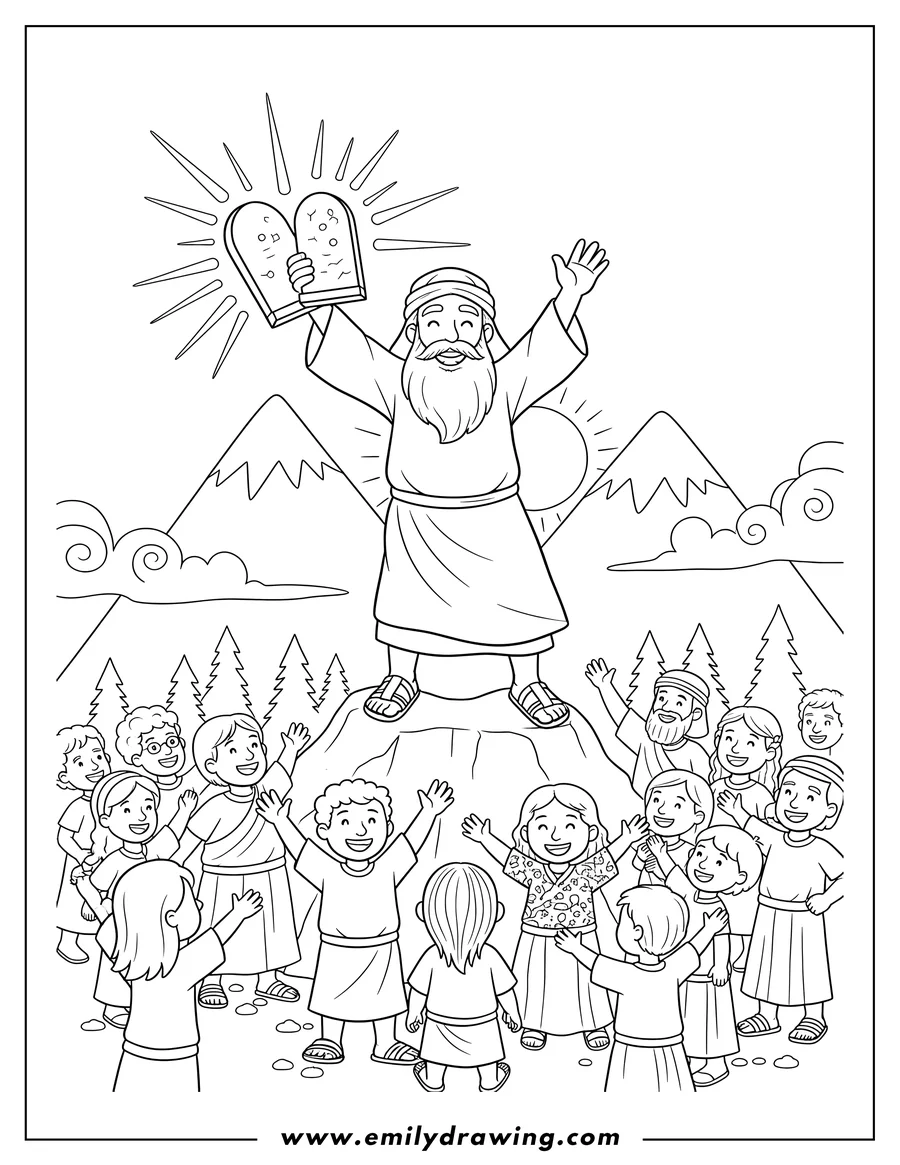 PDF style coloring page: moses Coming Down Mountains With Tablets, glowing and raising one arm, with people looking up