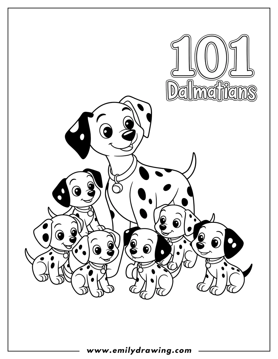 Black and white line art of mother Dalmatian