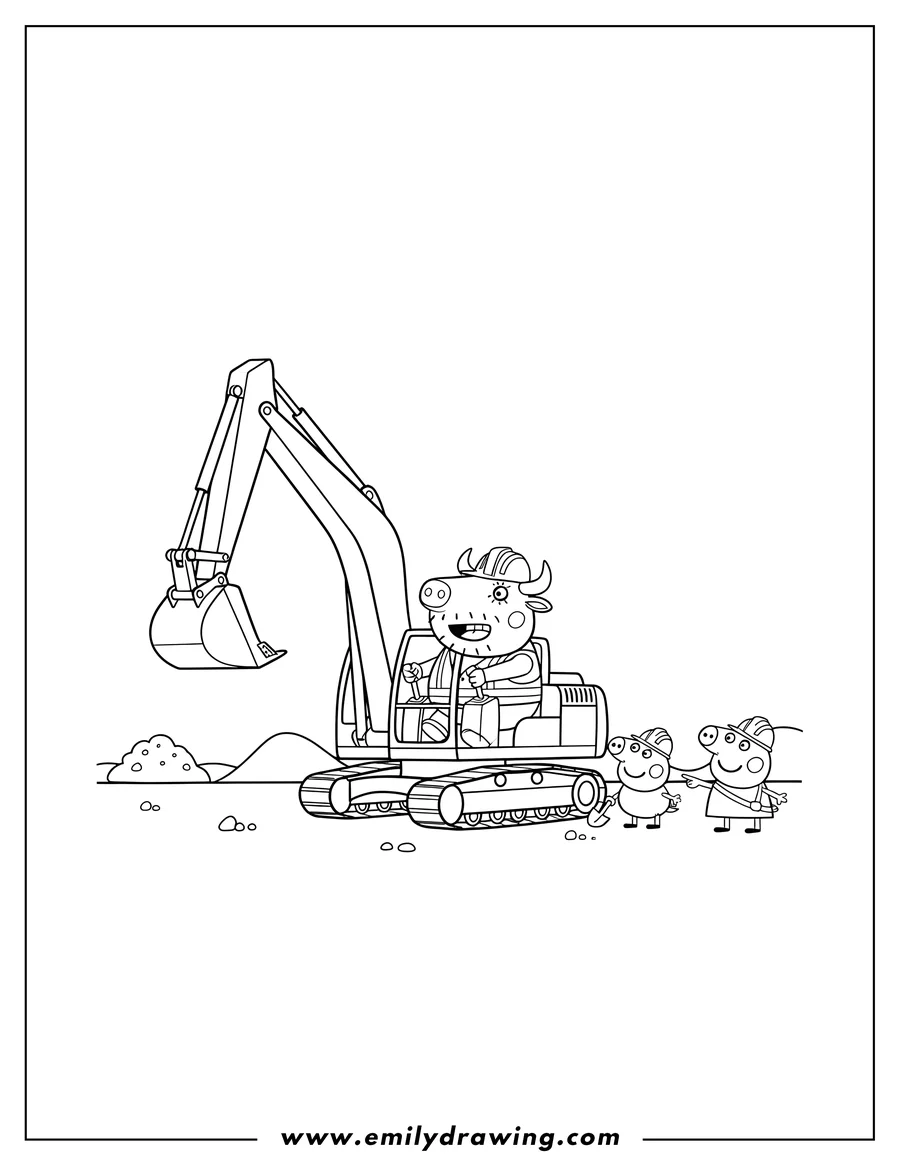 Free printable coloring sheet of mr Bull operating a digger with Peppa and George in hard hats watching