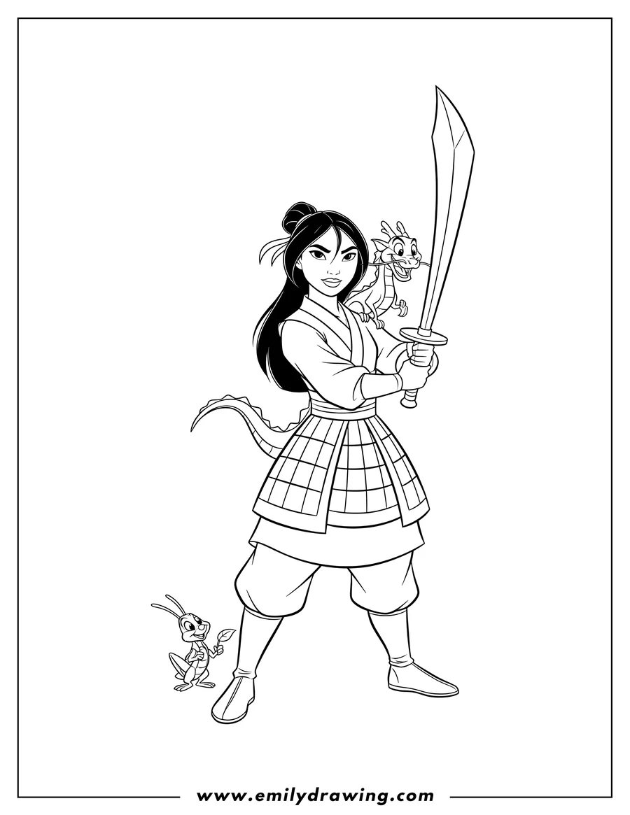 High quality printable mulan Cover Image Disney, holding a sword alongside Mushu and Cri-Kee for coloring