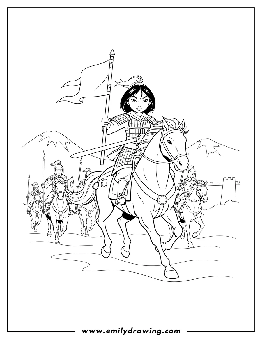 Printable coloring page of mulan in armor, riding a horse, leading troops to war