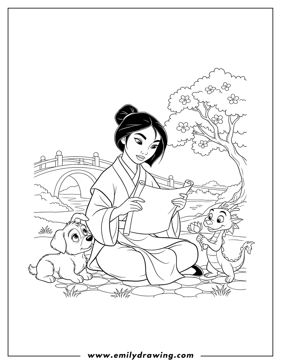 Coloring page of detailed Mulan sitting and reading a scroll with Mushu holding a flower and Little Brother watching
