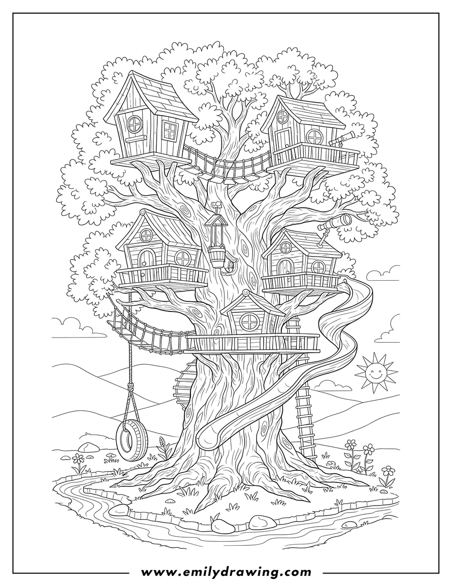 Printable coloring page of detailed, multi-level tree house with a swing