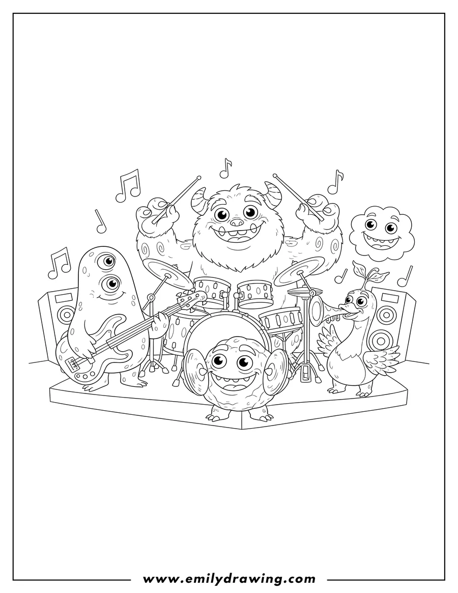 High quality printable my Singing Monsters Poster of a monster band playing instruments for coloring
