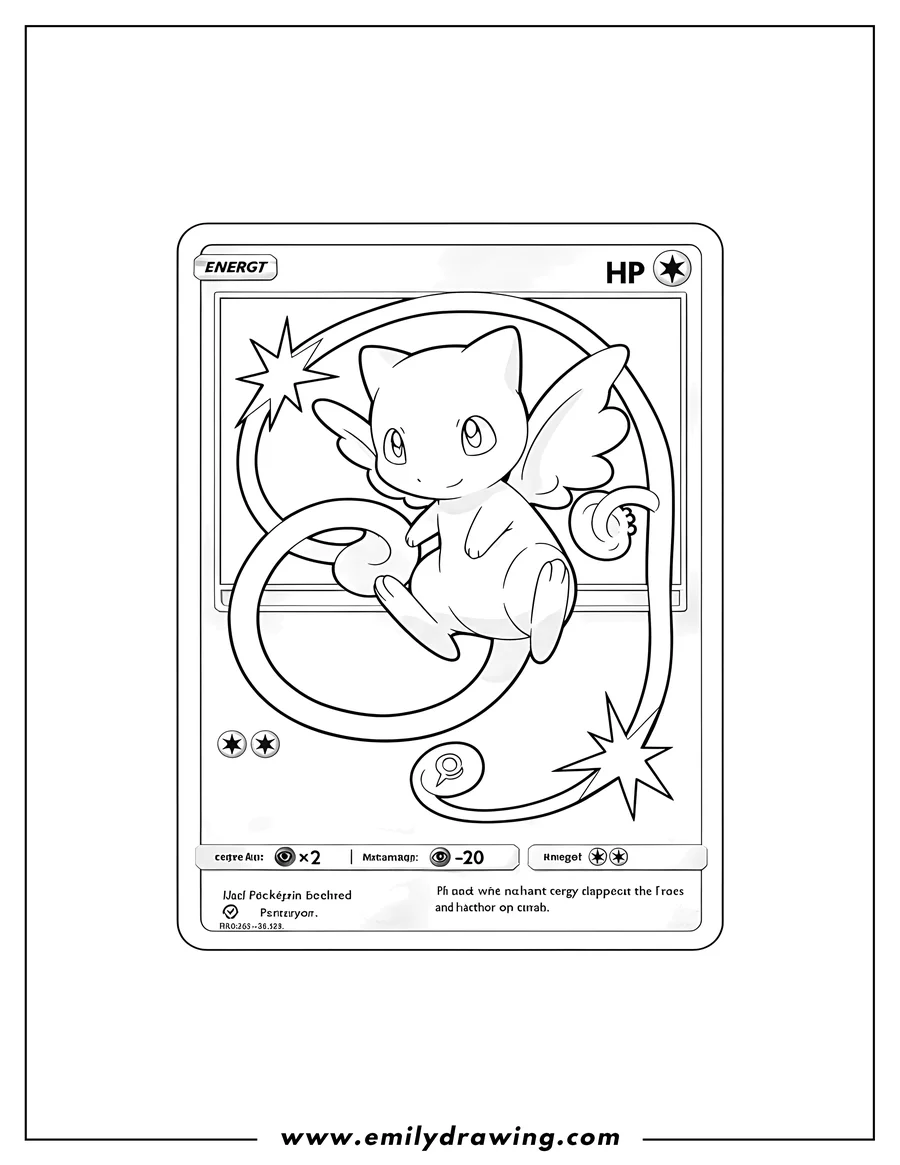 Coloring page for kids: [Scene]: Detailed Mysterious Tail Mew Pokemon Card as a coloring page, featuring Mew standing with its tail curled