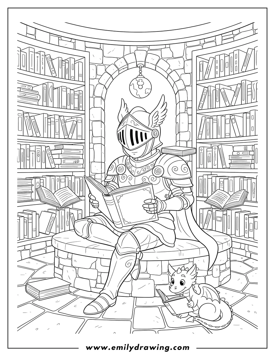Free to print drawing of mystical Knight Reading An Open Book Surrounded By Books Stone Library