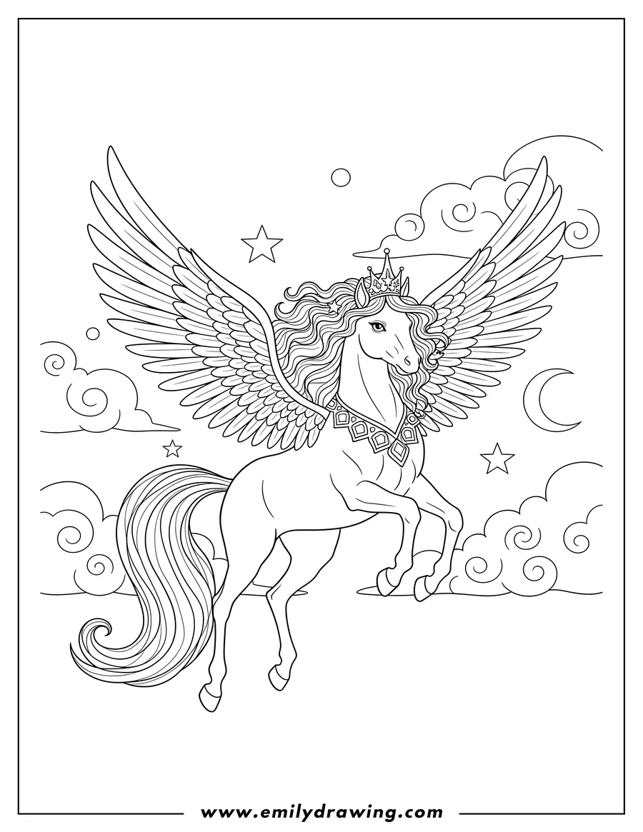 Simple sketch of mystical Pegasus Princess wearing a crown and an ornate collar soaring through Skies to color