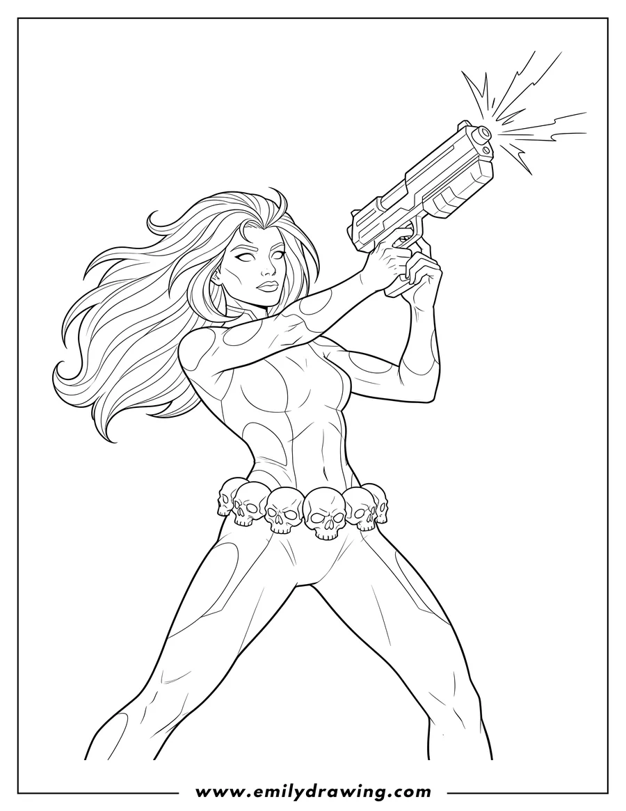 Vector style outline of mystique Holding Gun Air, wearing a sleek suit and a skull-adorned belt