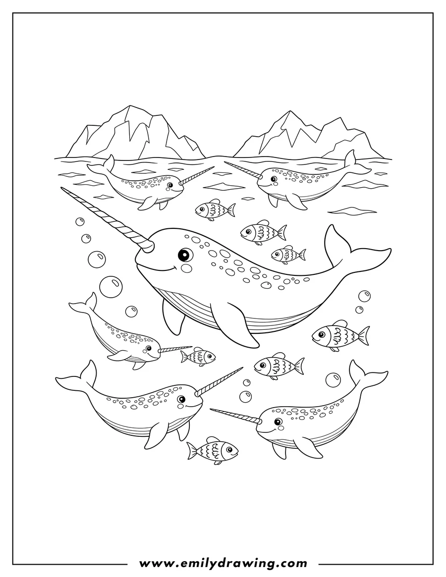 Clean line drawing: detailed Narwhals swimming with tusks and small fish in the Arctic To Color