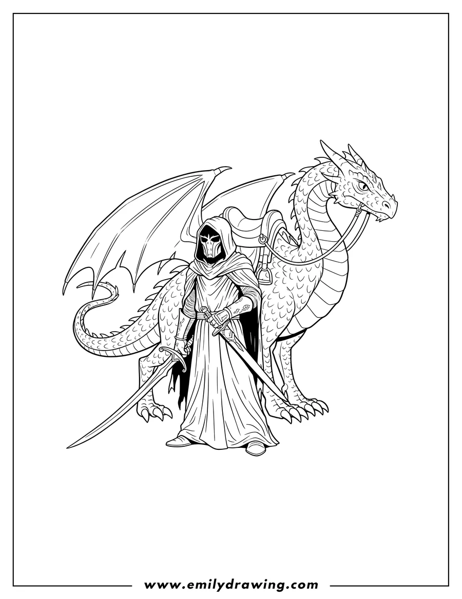 Downloadable coloring page of lord Rings Nazgul holding a sword with a saddled dragon