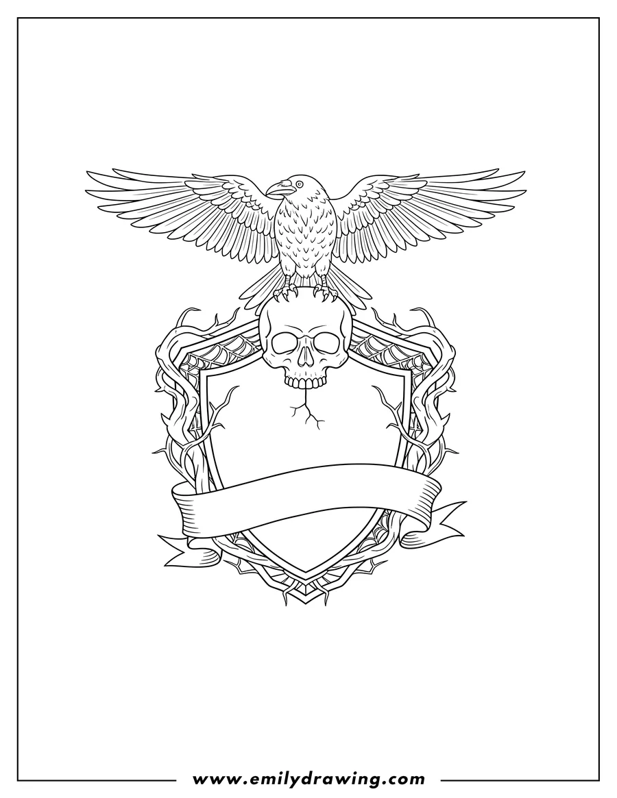 Free to print drawing of nevermore Academy Logo crest with a skull and a raven