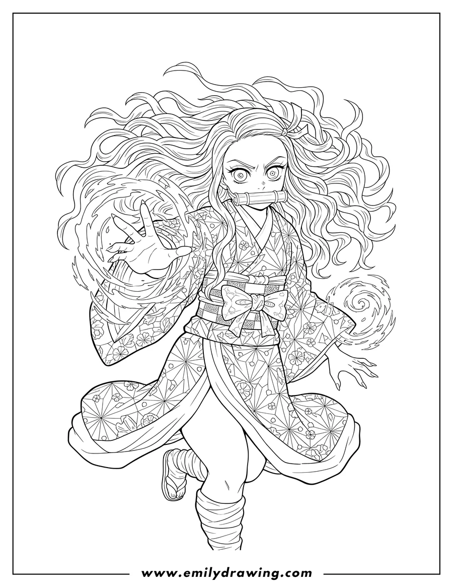 Free printable coloring sheet of nezuko Fighting Demon Form, with extended hand unleashing energy and flowing hair
