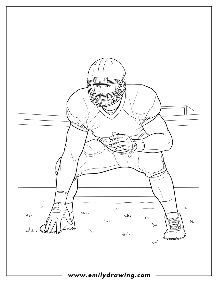Full page coloring image of nfl Offensive Guard in a 3-point stance, wearing a helmet