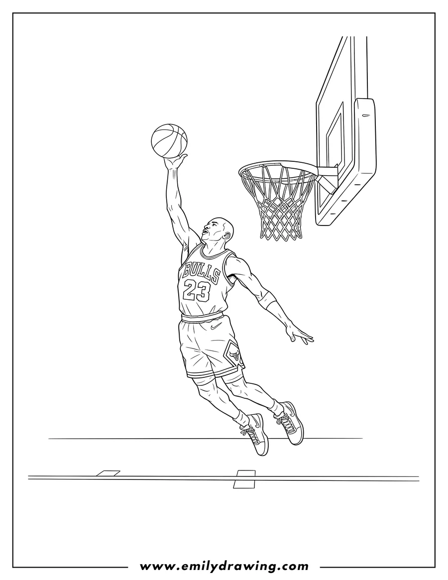 Printable coloring page of nike Jumpman Michael Jordan slam dunking a basketball in his Bulls jersey