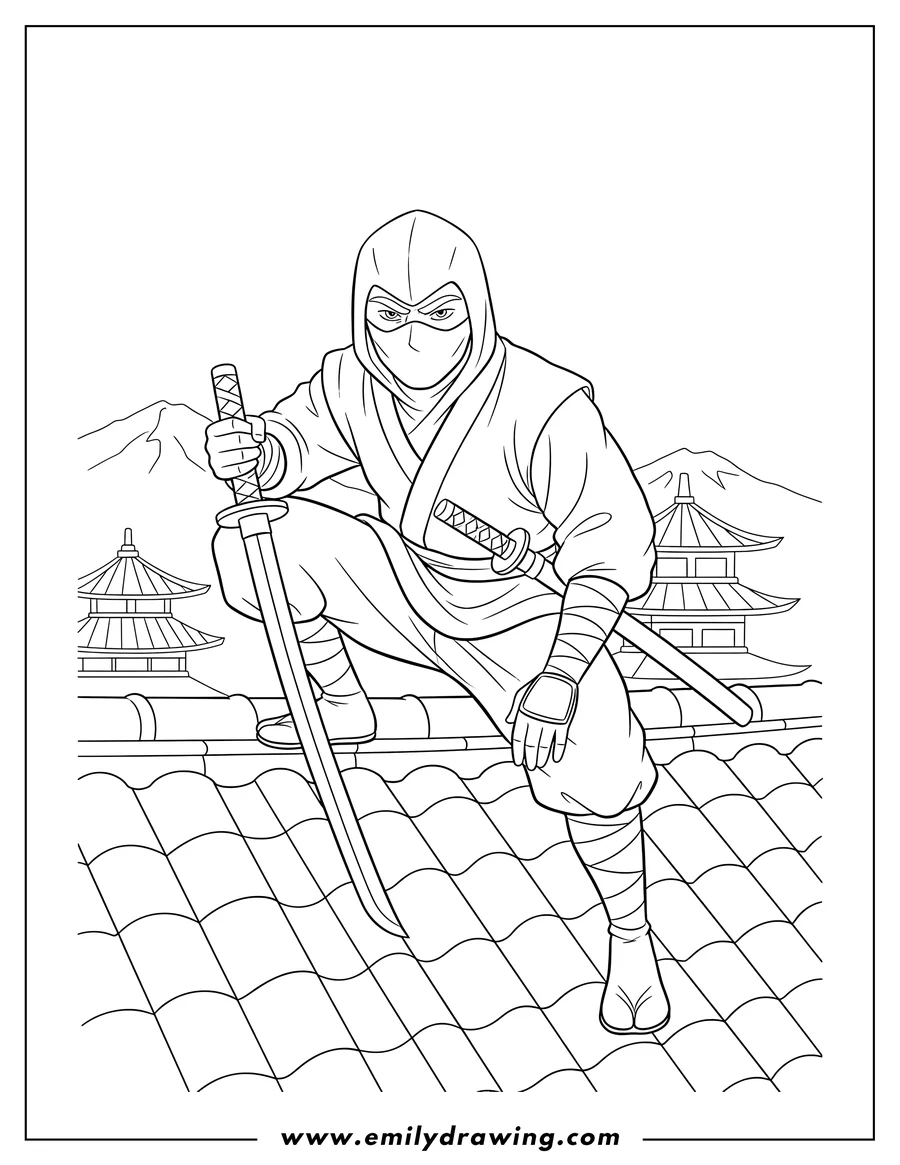 Downloadable coloring page of ninja Crouched On Roof wearing a mask and hood, holding a sword
