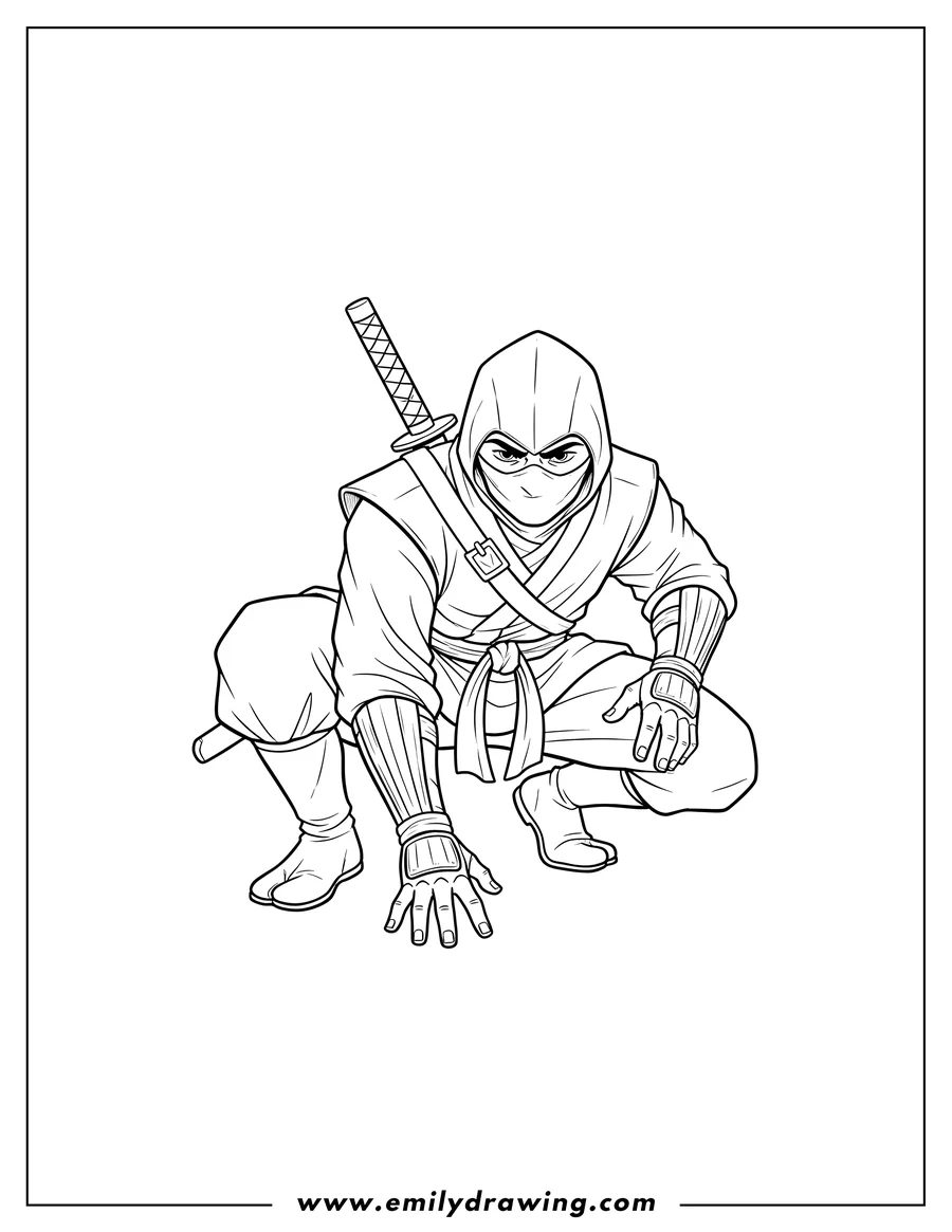 Linear illustration of detailed Ninja Crouching Low, with a katana on its back and wearing a mask