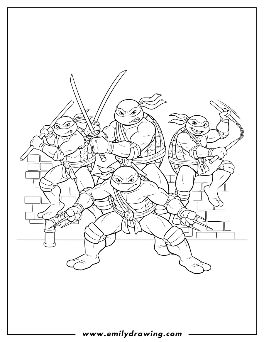 Full page coloring image of detailed Ninja Turtles, all four, holding their weapons in action poses
