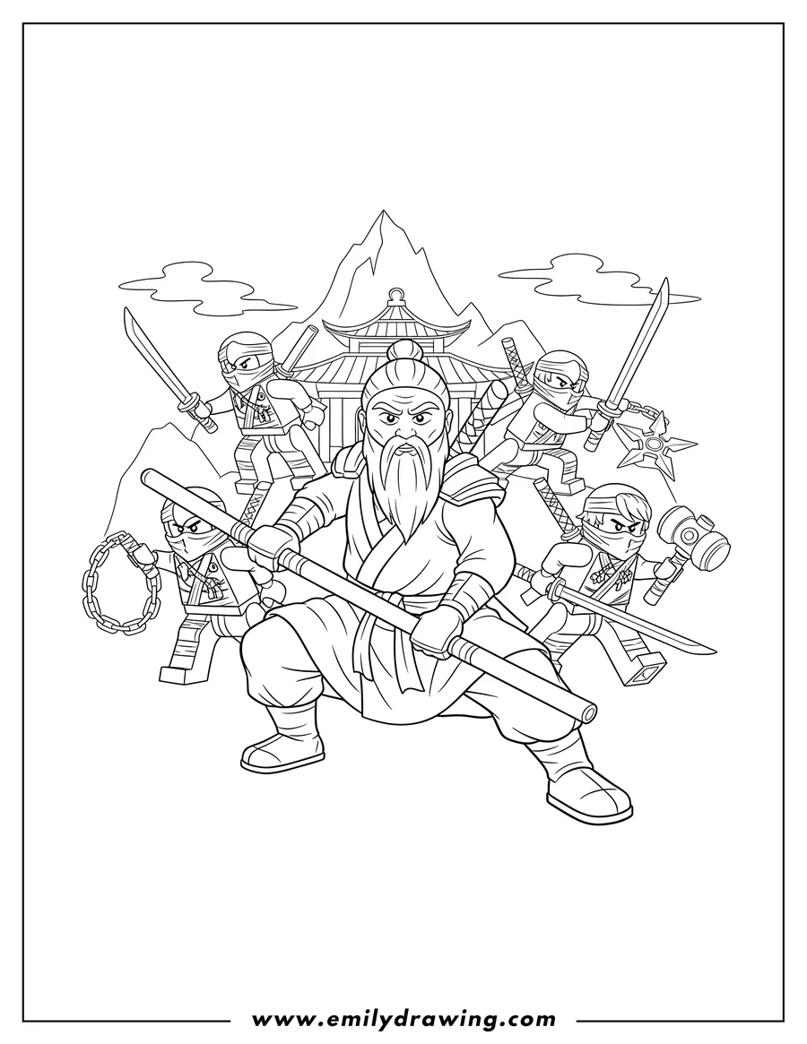 Simple sketch of detailed Ninjago Poster featuring Master Wu and the determined Ninja team to color