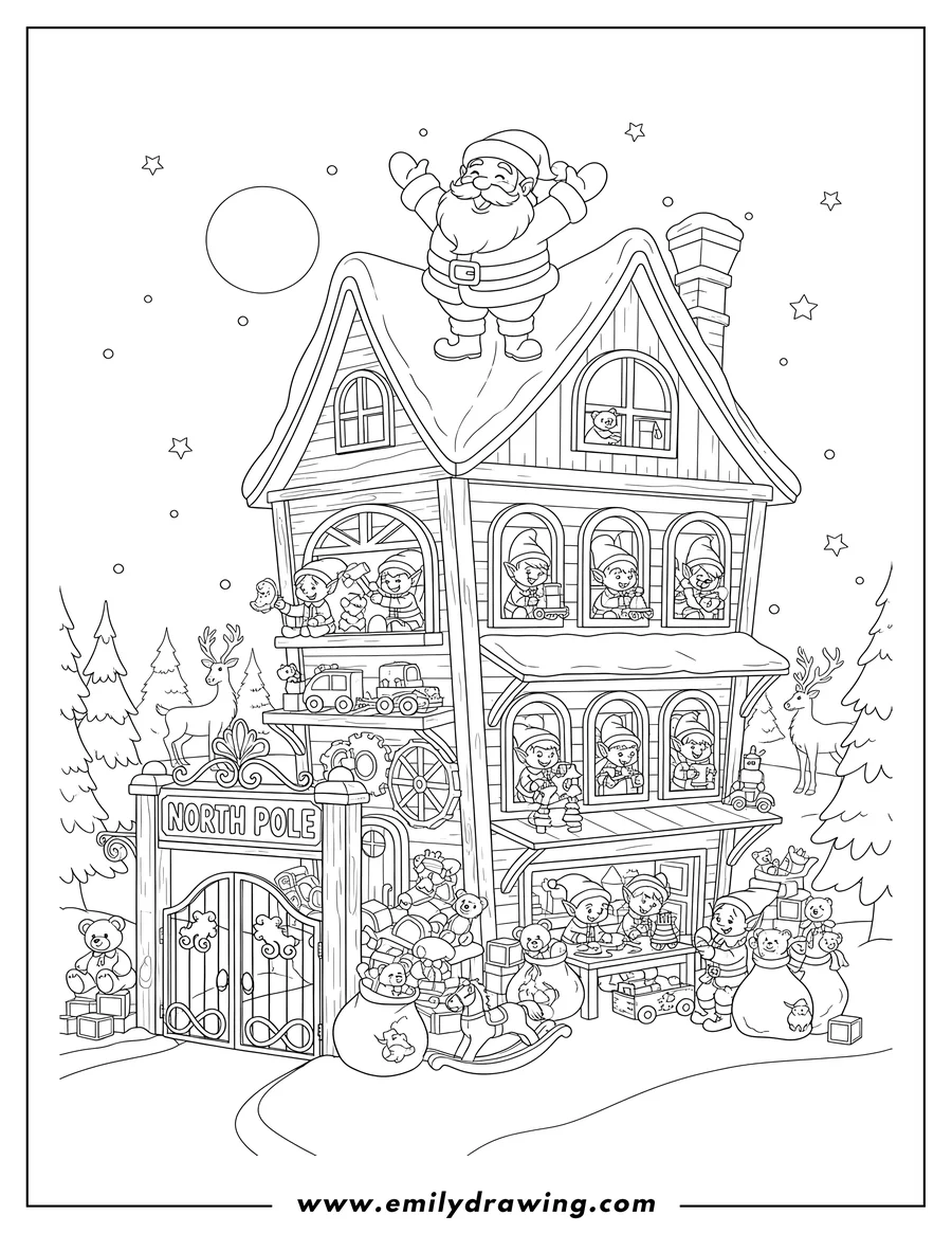 Outline drawing of north Pole Christmas Toy Factory with cheerful elves making toys and Santa smiling on the roof