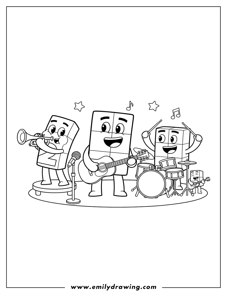 Coloring page for kids: numberblocks 1 2345 playing guitars, drums, trumpet, and singing into a microphone