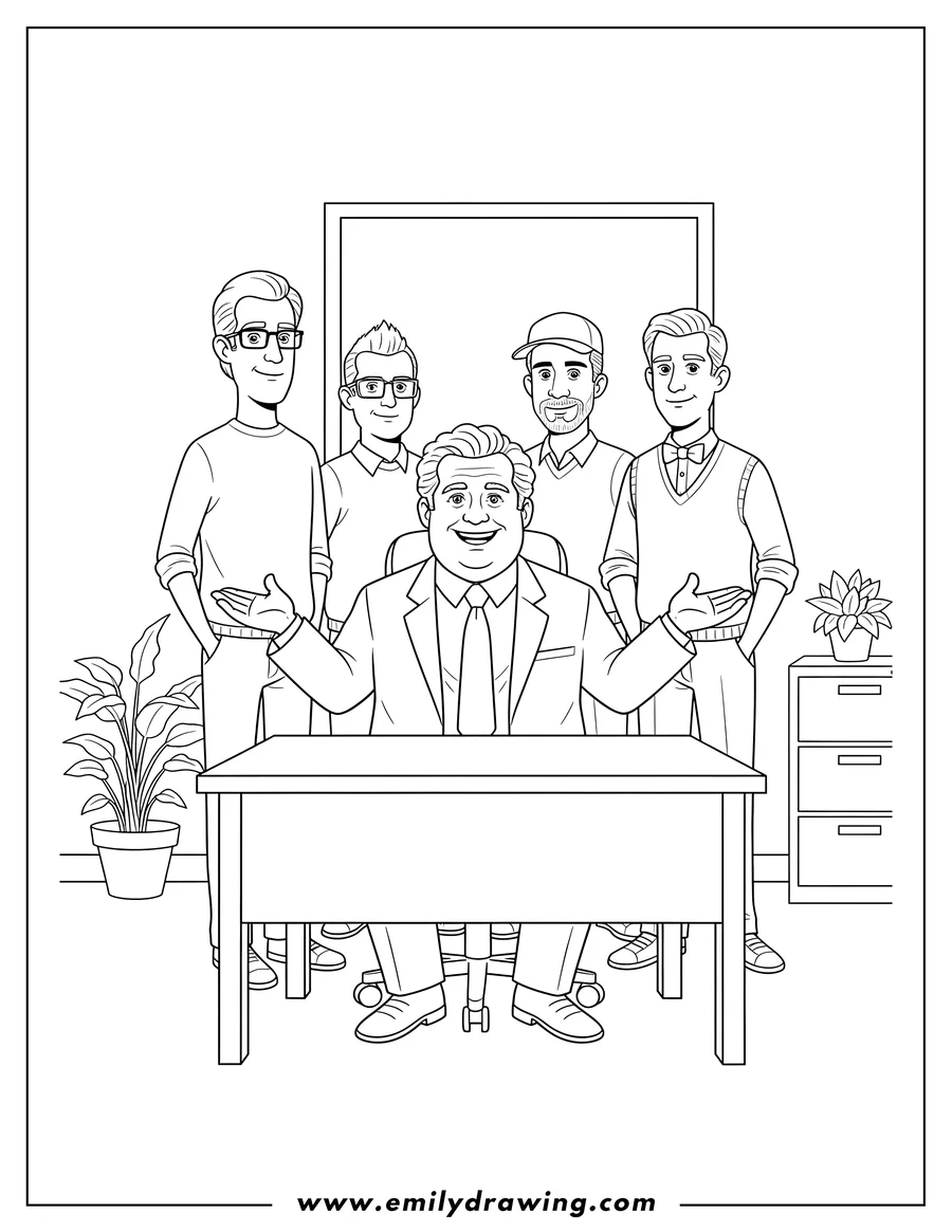 Coloring sheet featuring office Poster With Michael Pam Jim Dwight Darryl And Andy, with Michael sitting at a desk and the others standing behind him