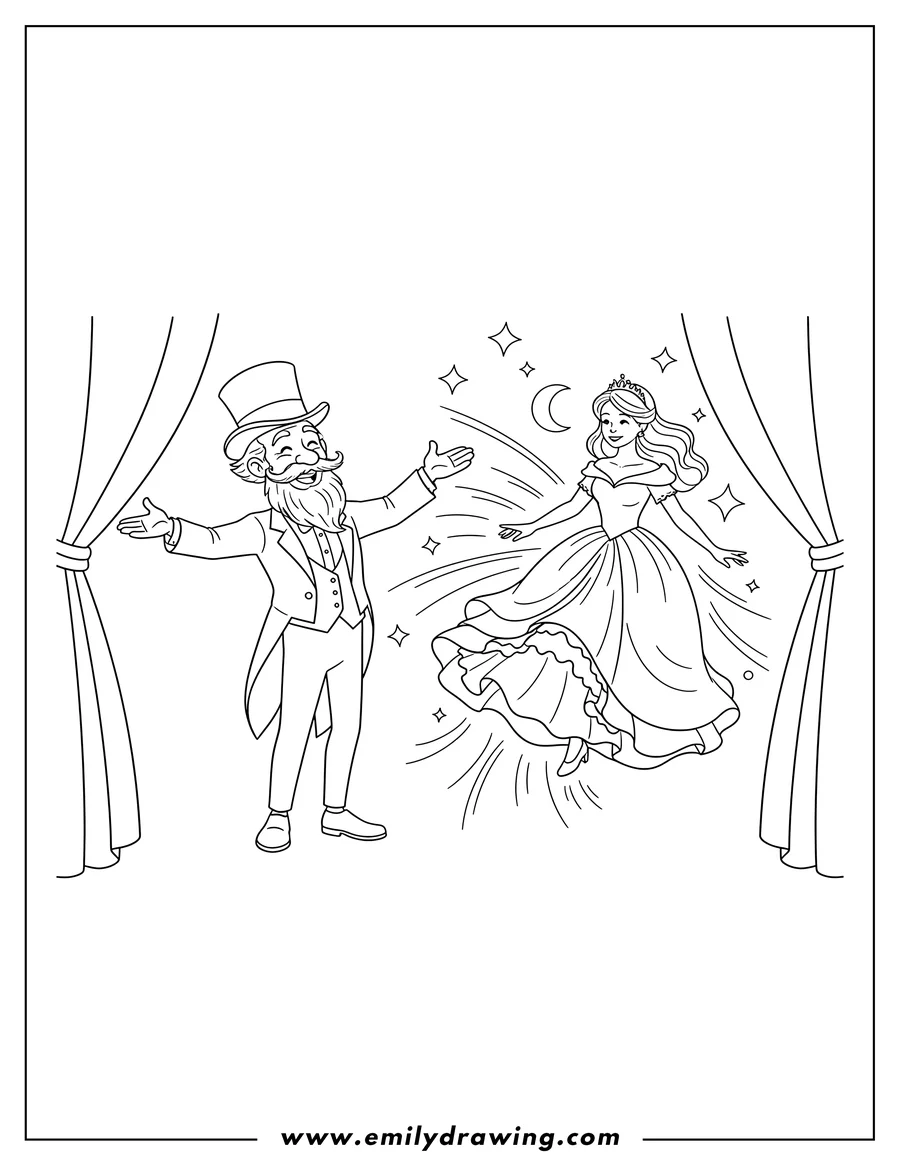 Outline drawing of old Magician in a tuxedo with outstretched arms making a woman in a dress levitate horizontally