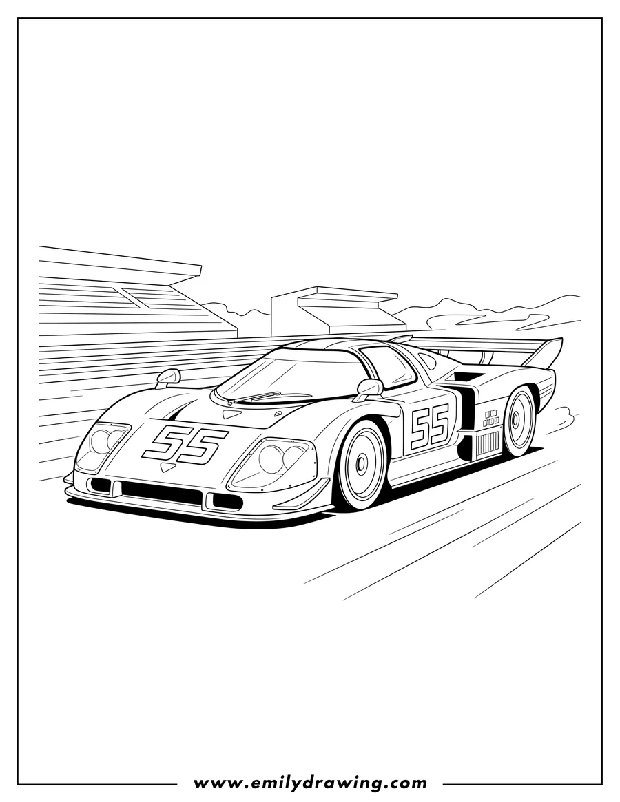 Coloring page for kids: old School Mazda Race Car racing on a track, with number 55 on its side