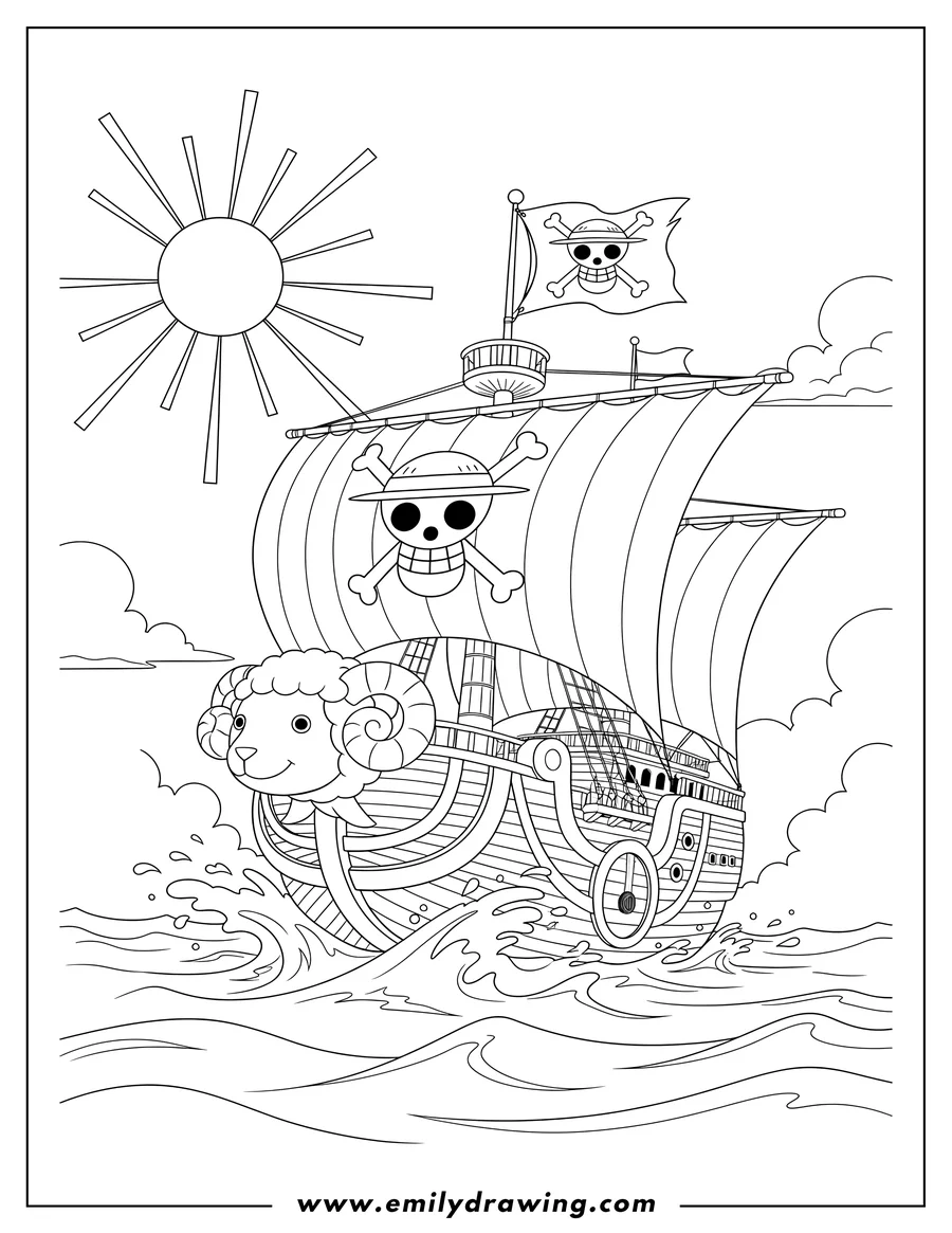 Free printable coloring sheet of detailed One Piece Going Merry Pirate Ship sailing, with its sheep figurehead and Straw Hat Jolly Roger flag