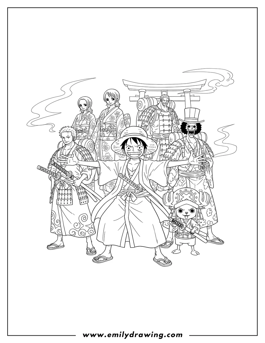 Coloring page for kids: detailed One Piece Straw Hat Crew in traditional Japanese outfits, with Luffy smiling and Chopper holding a sword