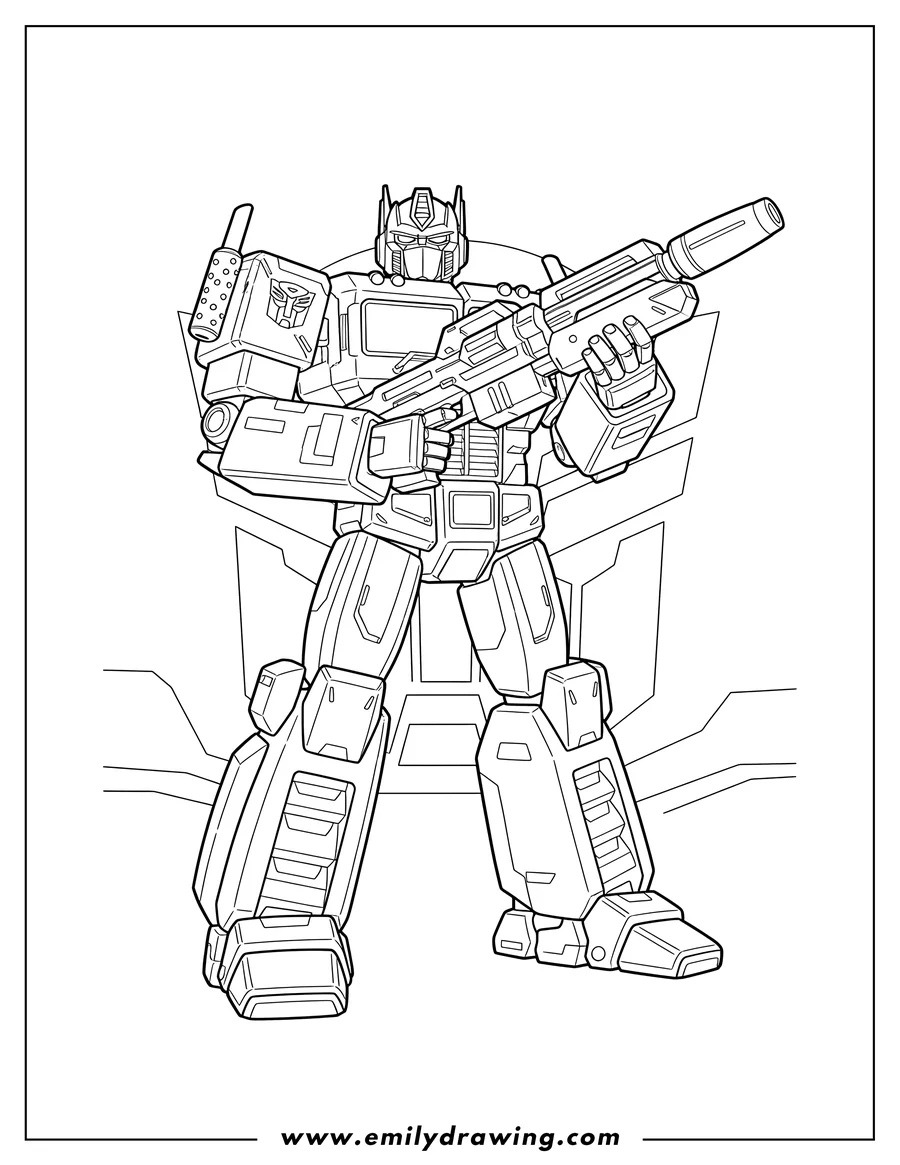 Coloring page for kids: optimus Prime Robot Scaled, standing and holding a rifle