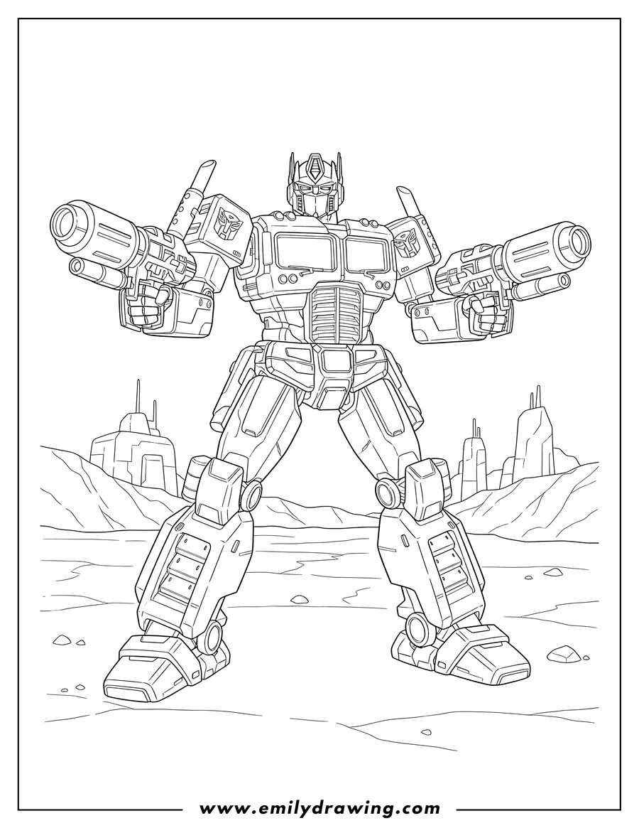 Clean line drawing: detailed Optimus Prime standing with blasters
