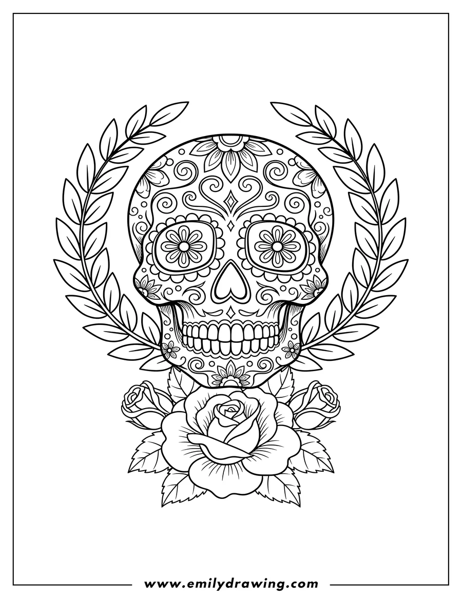 Free printable coloring sheet of ornate Sugar Skull With Laurel Leaves And A Large Rose With Buds